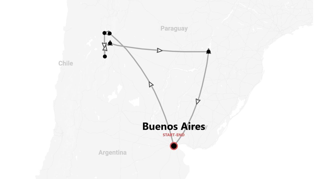 Una mappa di un itinerario di viaggio attraverso l'Argentina, con partenza e arrivo a Buenos Aires, e tappe vicino a Cile e Paraguay.