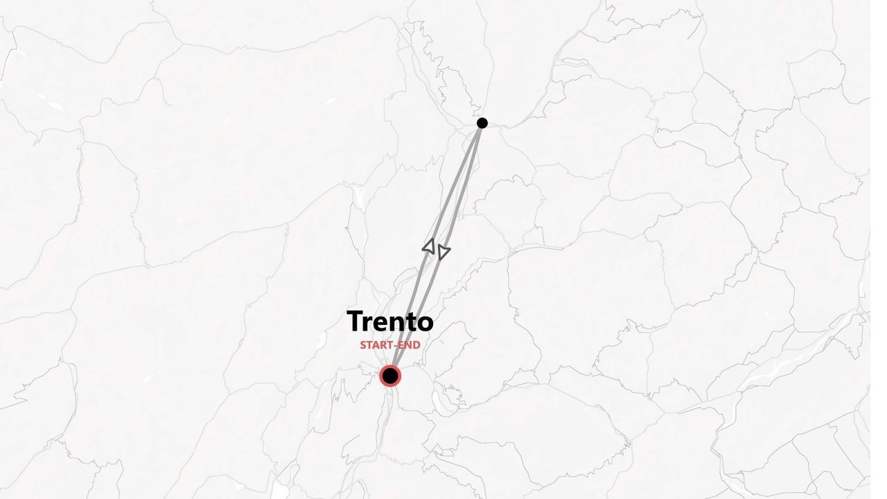 Una mappa stilizzata di un itinerario circolare con partenza e arrivo a Trento.