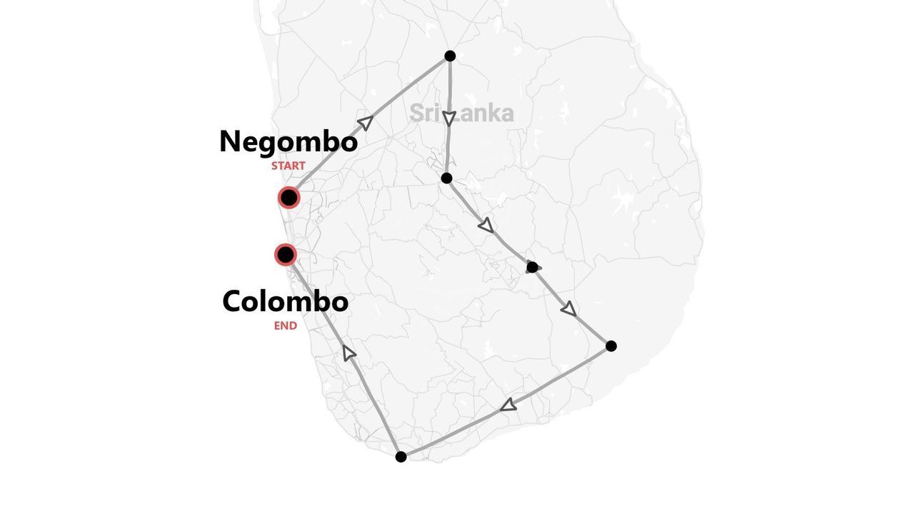 Eine Karte mit einer Reiseroute in Sri Lanka, die in Negombo beginnt und in Colombo endet.