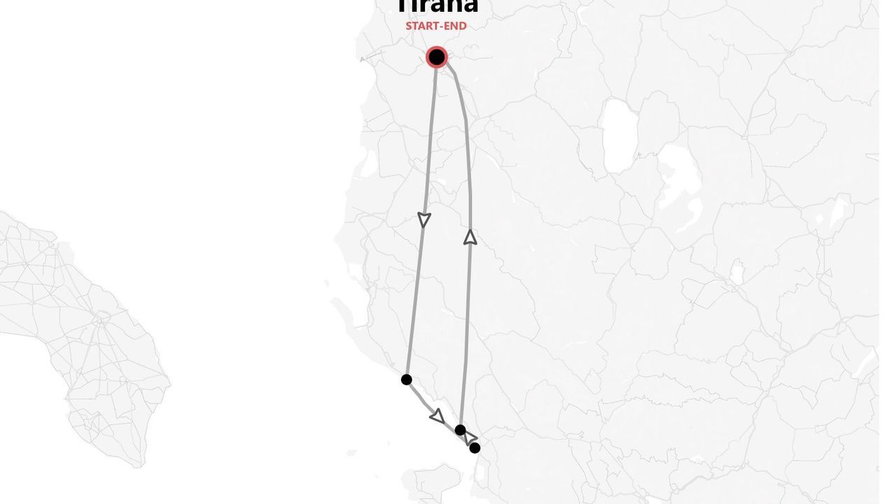 Una mappa che illustra un itinerario turistico circolare attraverso l'Albania, con partenza e arrivo nella capitale Tirana.