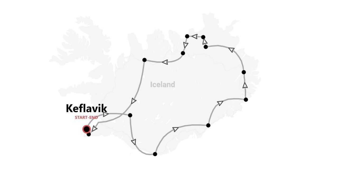 Eine Islandkarte, die eine Rundreise-Route mit Start und Ziel in Keflavik und markierten Punkten entlang des Weges zeigt.