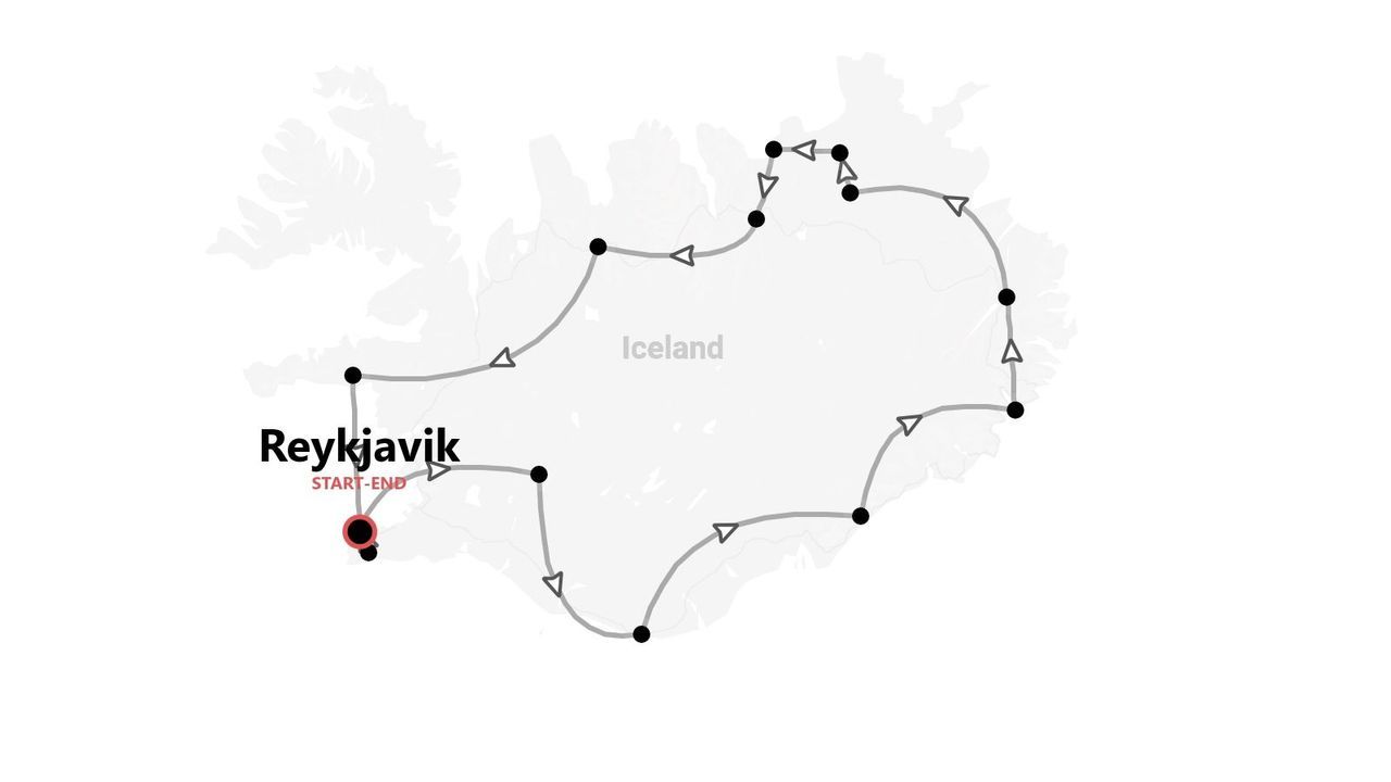 Un mapa de Islandia con una ruta marcada que rodea el país, empezando y terminando en Reikiavik.
