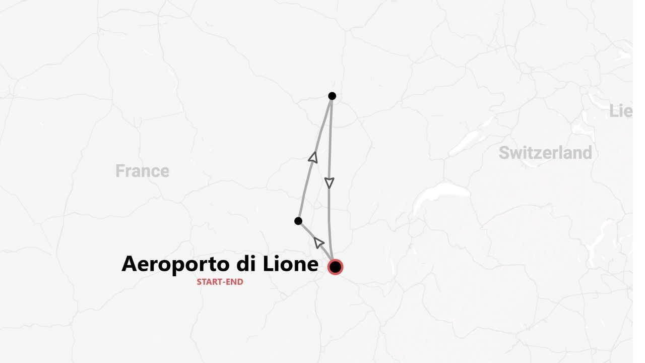 Una mappa che mostra un itinerario di viaggio in Francia, con partenza e arrivo all'Aeroporto di Lione.