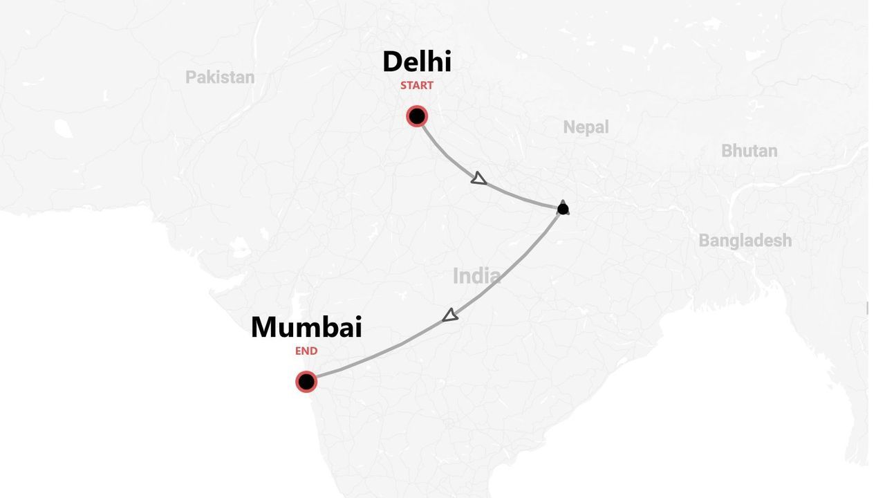 Un mapa que muestra una ruta de viaje por India, comenzando en Delhi y terminando en Mumbai, con puntos intermedios a lo largo del camino.