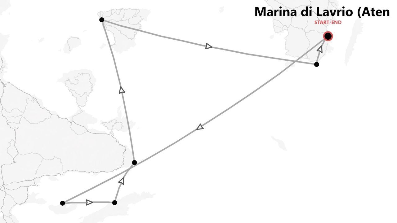 Mappa di un itinerario di viaggio con partenza e arrivo a Marina di Lavrio, Atene.