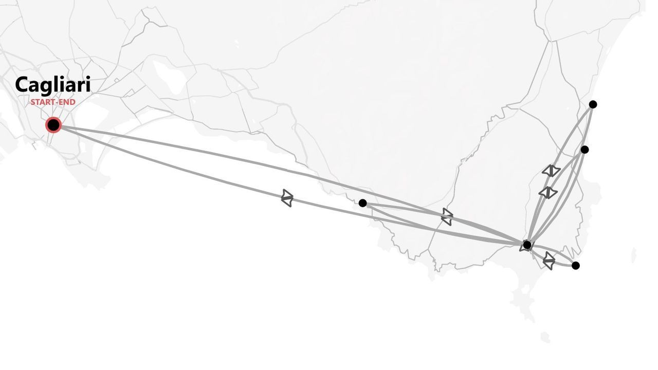 Un mapa estilizado que muestra un itinerario de viaje que comienza y termina en Cagliari, con múltiples paradas conectadas a lo largo de una costa.