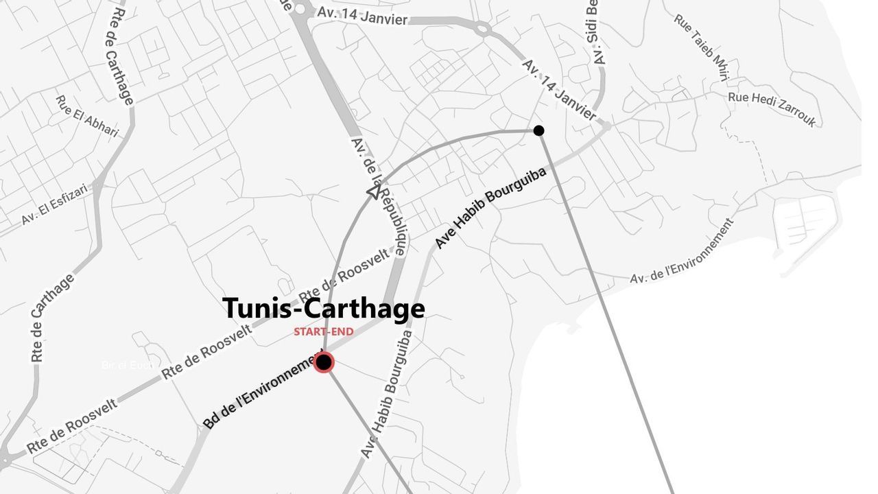 A map of the route between Tunis and Carthage, showing streets and a marked start-end point.