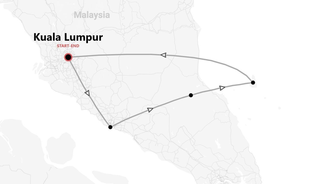 Una mappa stilizzata della Malesia che mostra un itinerario di viaggio con inizio e fine a Kuala Lumpur.