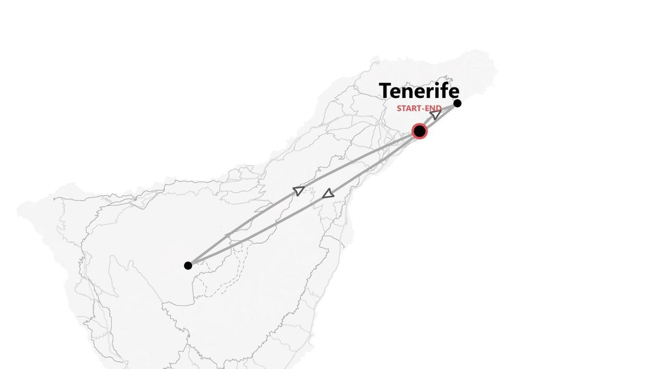 Mappa di un itinerario turistico per Tenerife, con punti di inizio e fine segnati nella parte nord-orientale dell'isola.