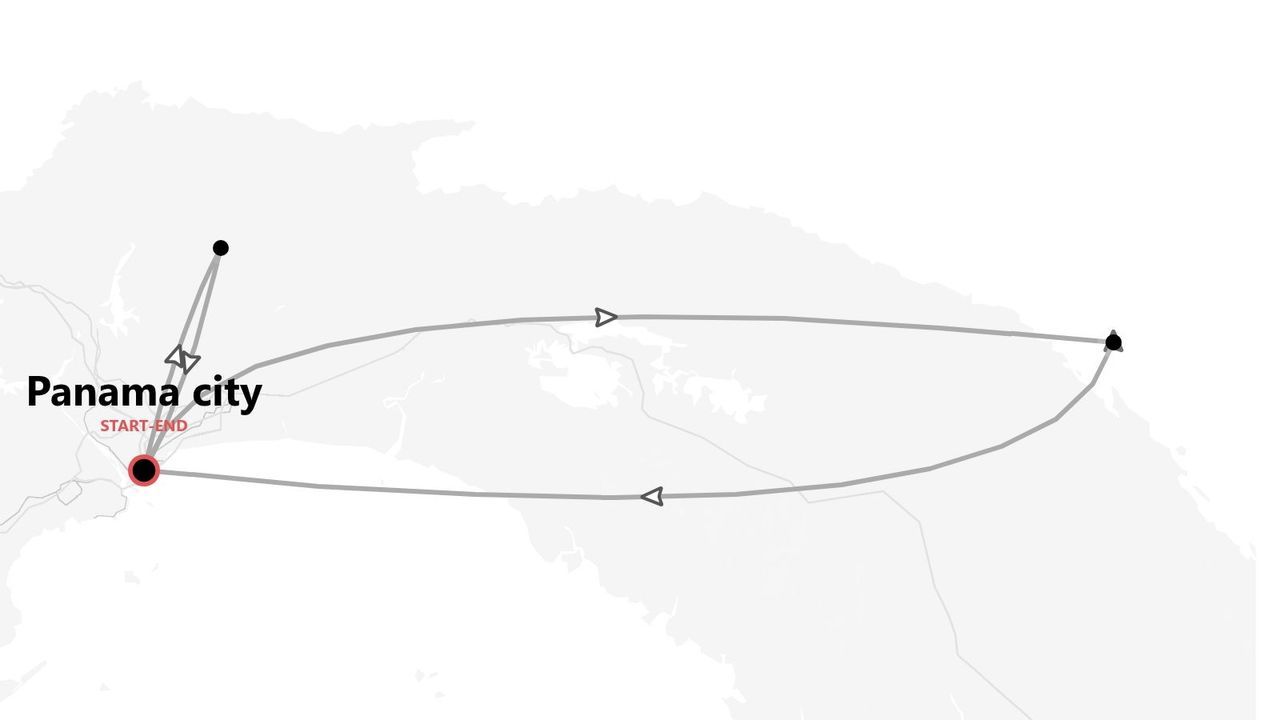 A map of a travel route in Panama, with a circular itinerary that starts and ends in Panama City.