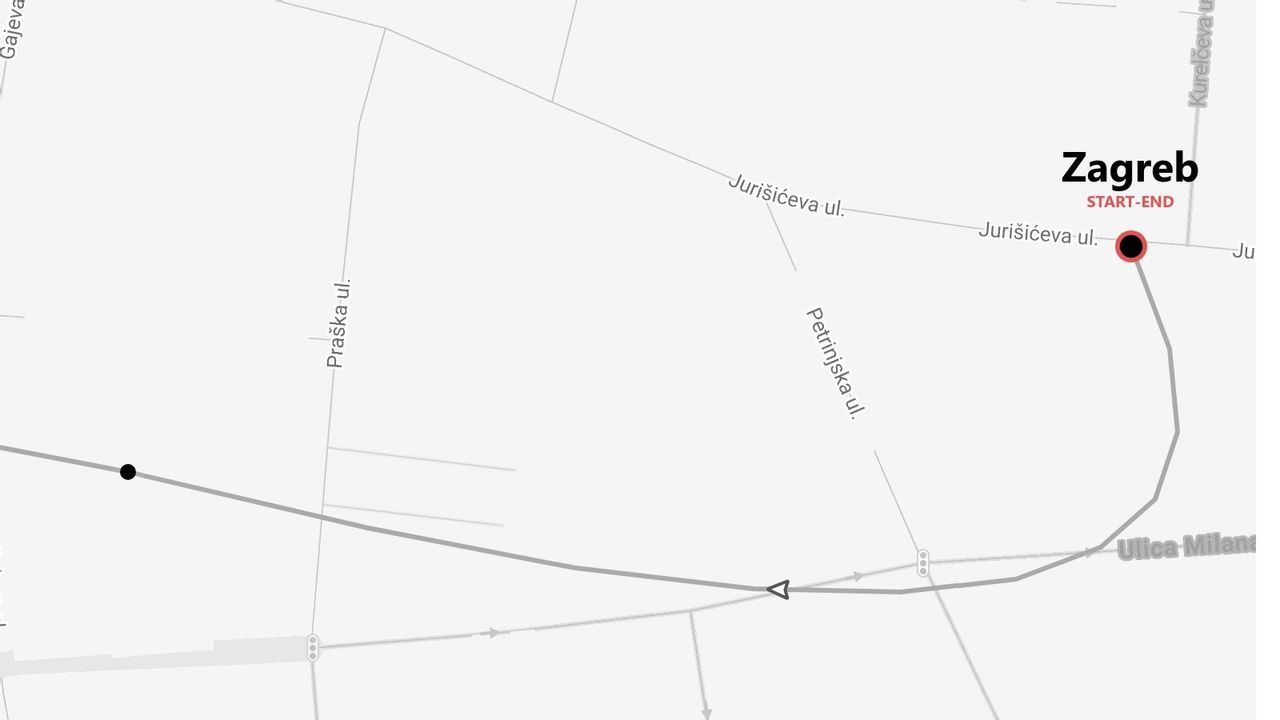 Un mapa callejero estilizado de Zagreb que muestra una ruta con el punto de inicio y final marcado en Jurišićeva ul.