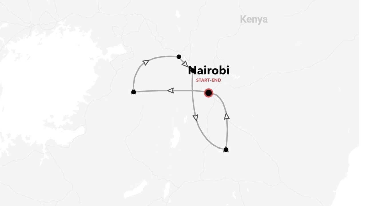 Mappa del Kenya con itinerario circolare con partenza e arrivo a Nairobi.