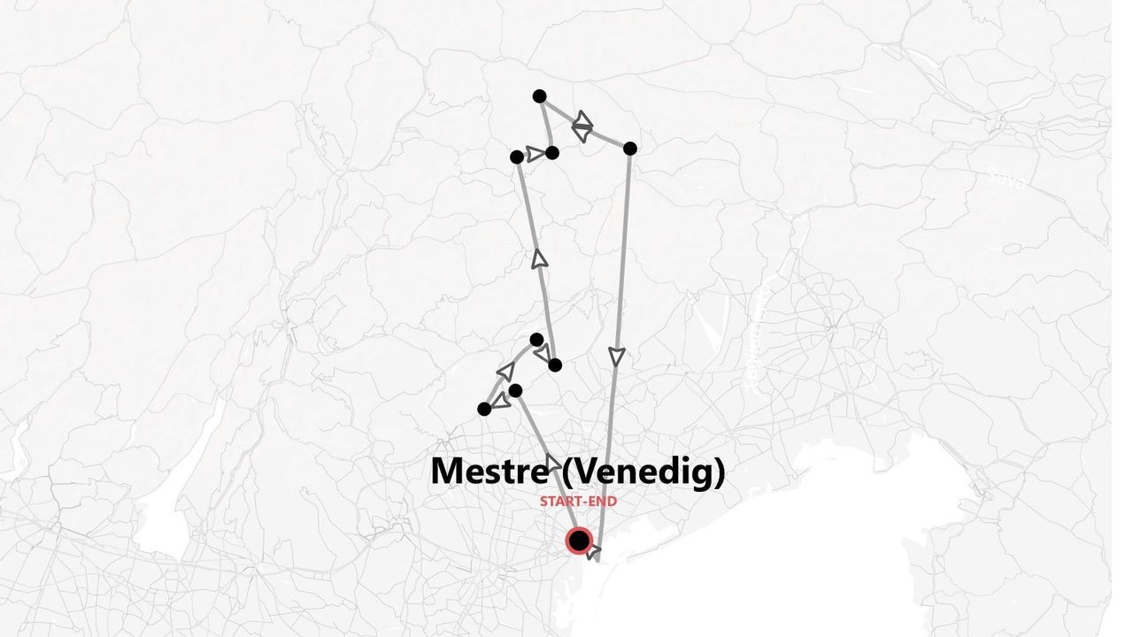 Eine Karte, die eine Reiseroute zeigt, beginnend und endend in Mestre (Venedig), markiert mit einer Linie, Punkten und Richtungspfeilen.