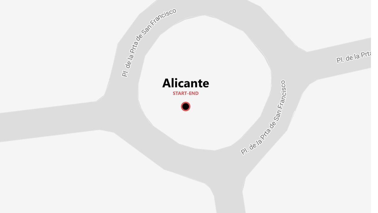 Mappa di Alicante con punto di inizio/fine alla rotonda per Plaza de la Puerta de San Francisco.