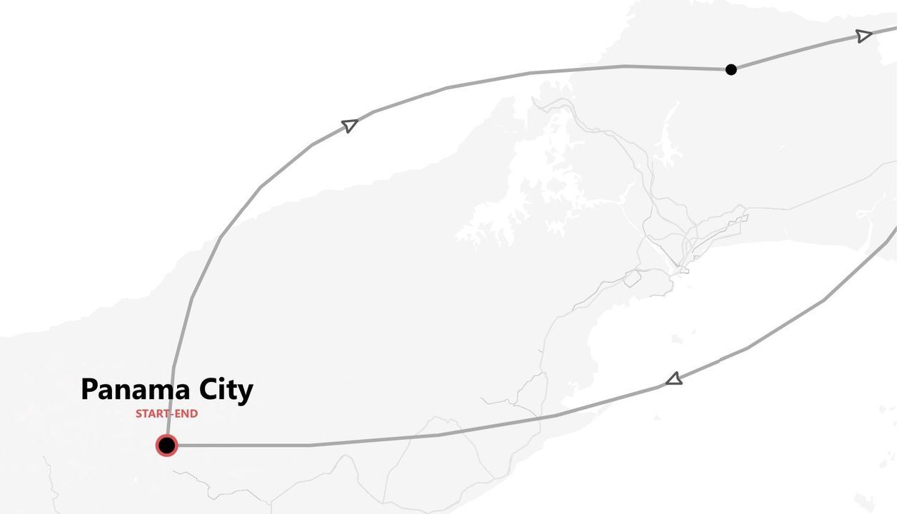 Una mappa che mostra un itinerario di viaggio che inizia e finisce a Panama City, con punti di interesse lungo il percorso ad anello.