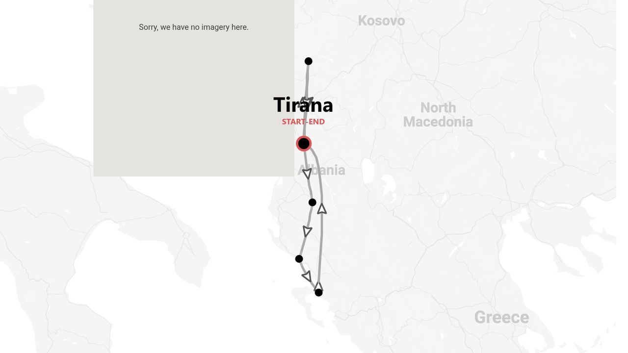 A map showing a tour itinerary in Albania that starts and ends in Tirana.
