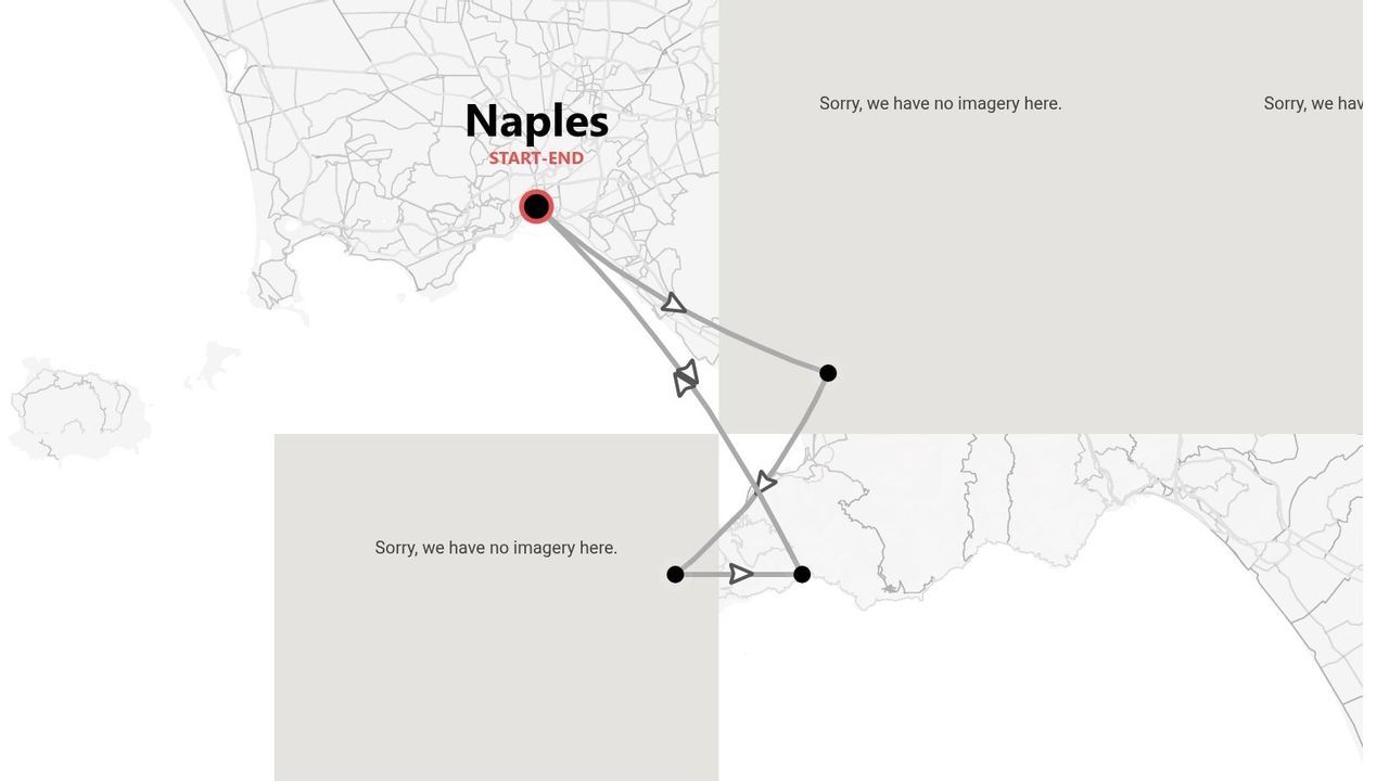 A minimalist map showing a travel itinerary with a route that starts and ends in Naples, Italy.