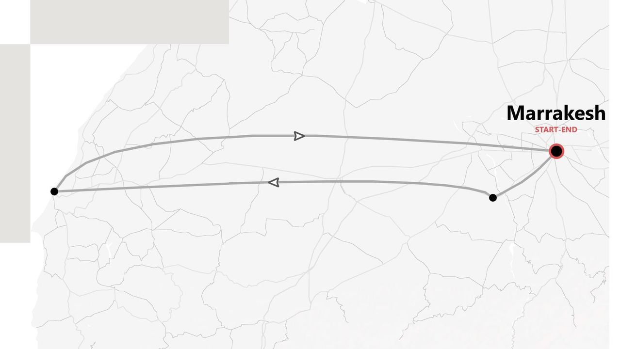 A stylized map showing a loop itinerary that starts and ends in Marrakesh, with several waypoints along the route.