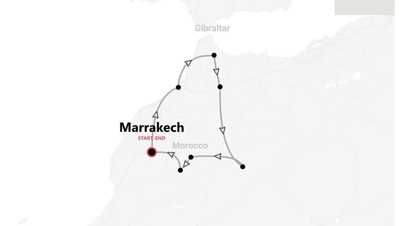 A map of a tour itinerary through Morocco, starting and ending in Marrakech, with Gibraltar visible to the north.
