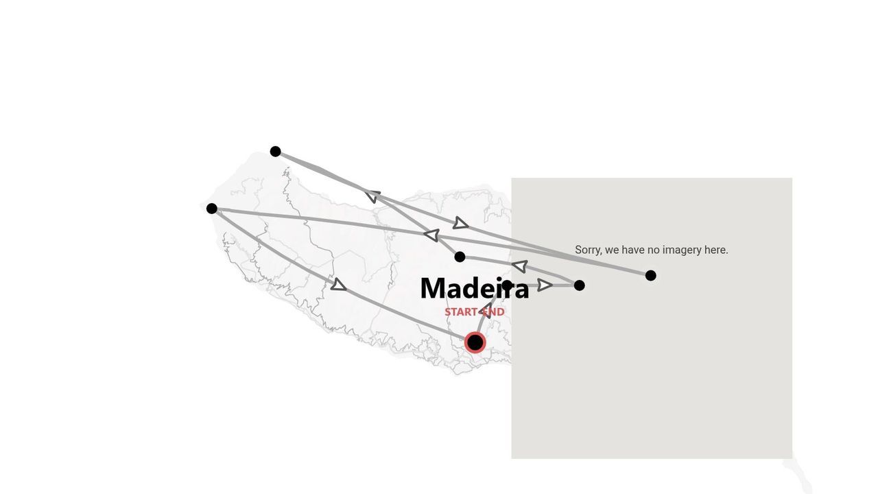 A minimalist map of Madeira showing a tour itinerary with a start and end point, and stops connected by lines.
