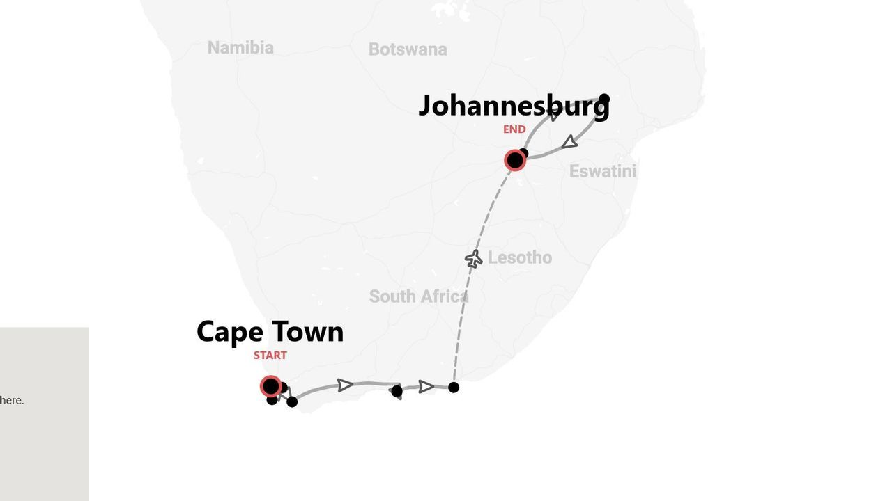 Map of a travel itinerary in South Africa, starting in Cape Town and ending in Johannesburg.