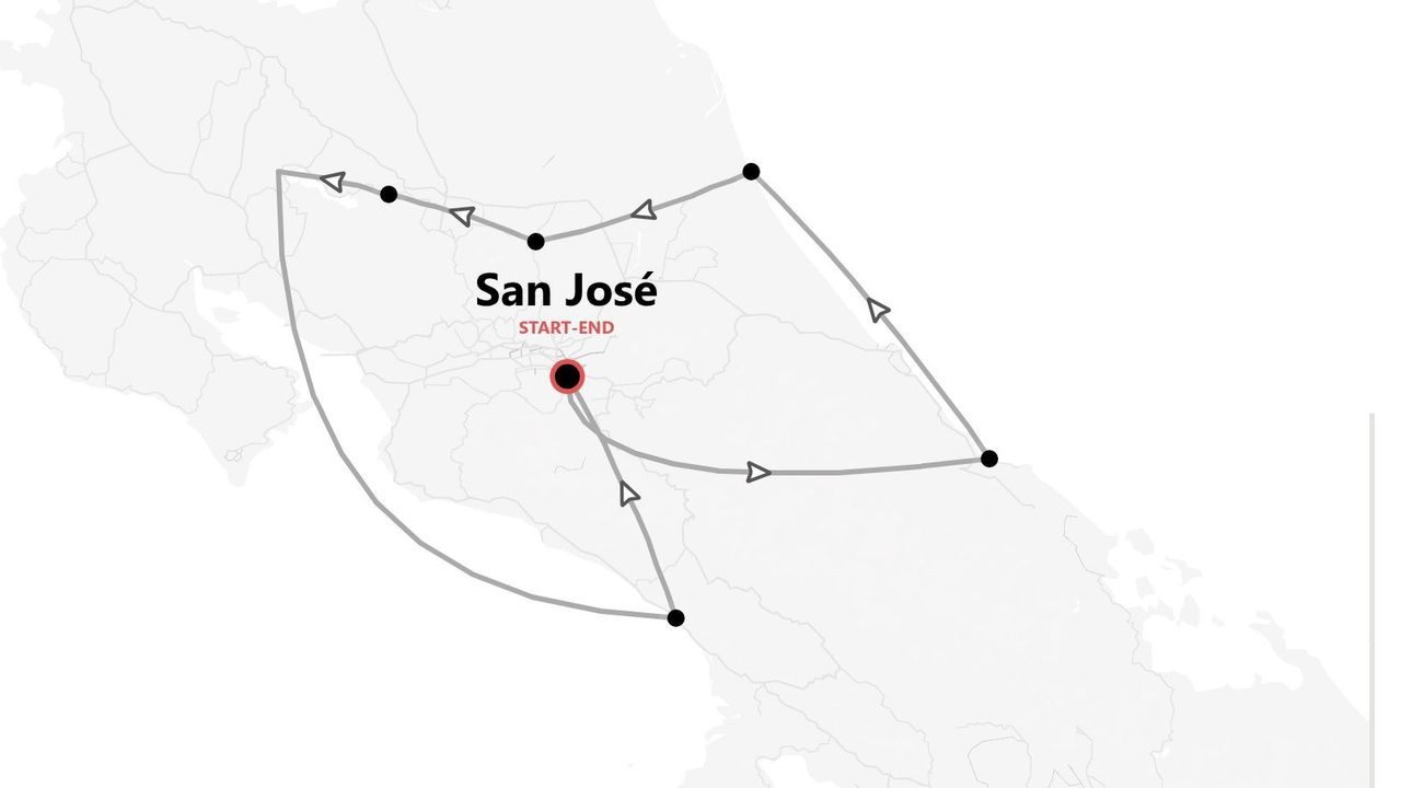 A map of a tour itinerary showing a route that starts and ends in San José.