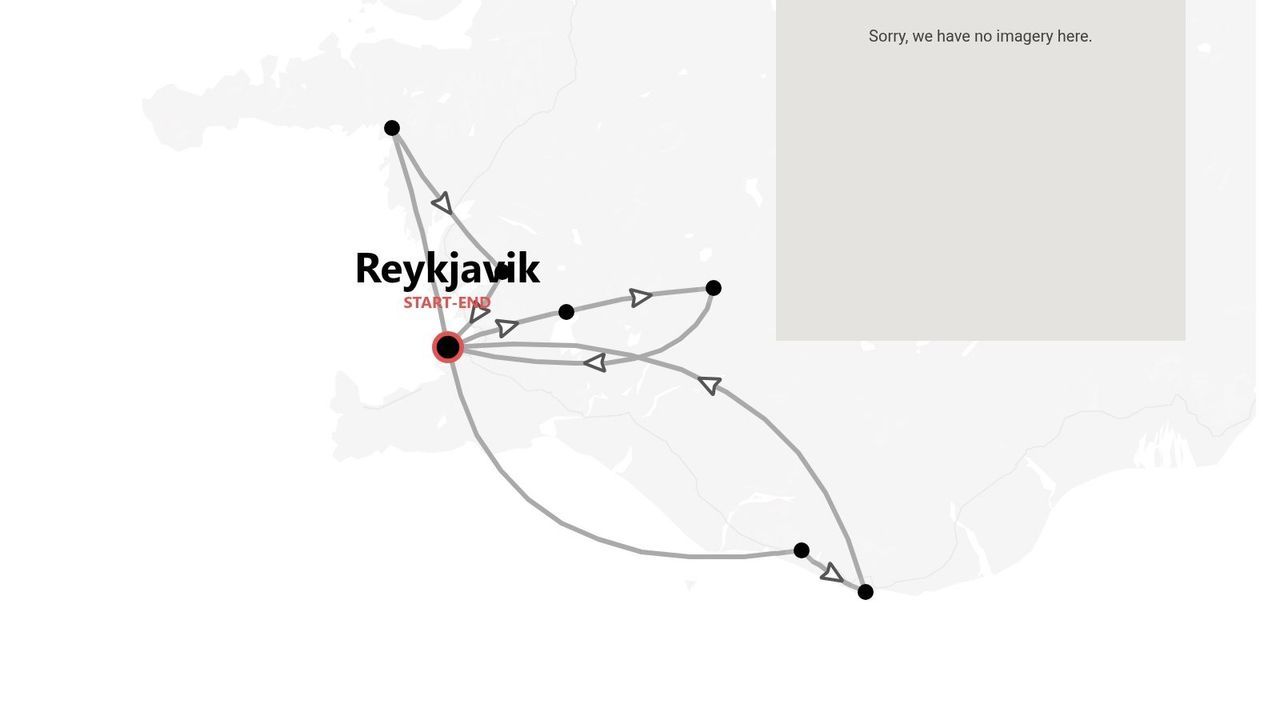 A stylized map of Iceland showing a travel itinerary with multiple routes starting and ending in Reykjavik.