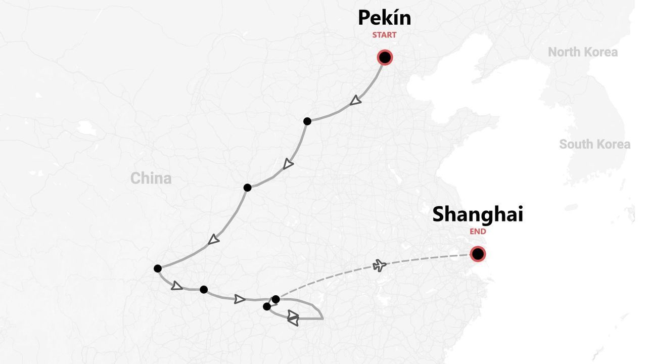 Mapa estilizado de un itinerario de viaje por China, de Pekín a Shanghái, con la ruta marcada por líneas e iconos.