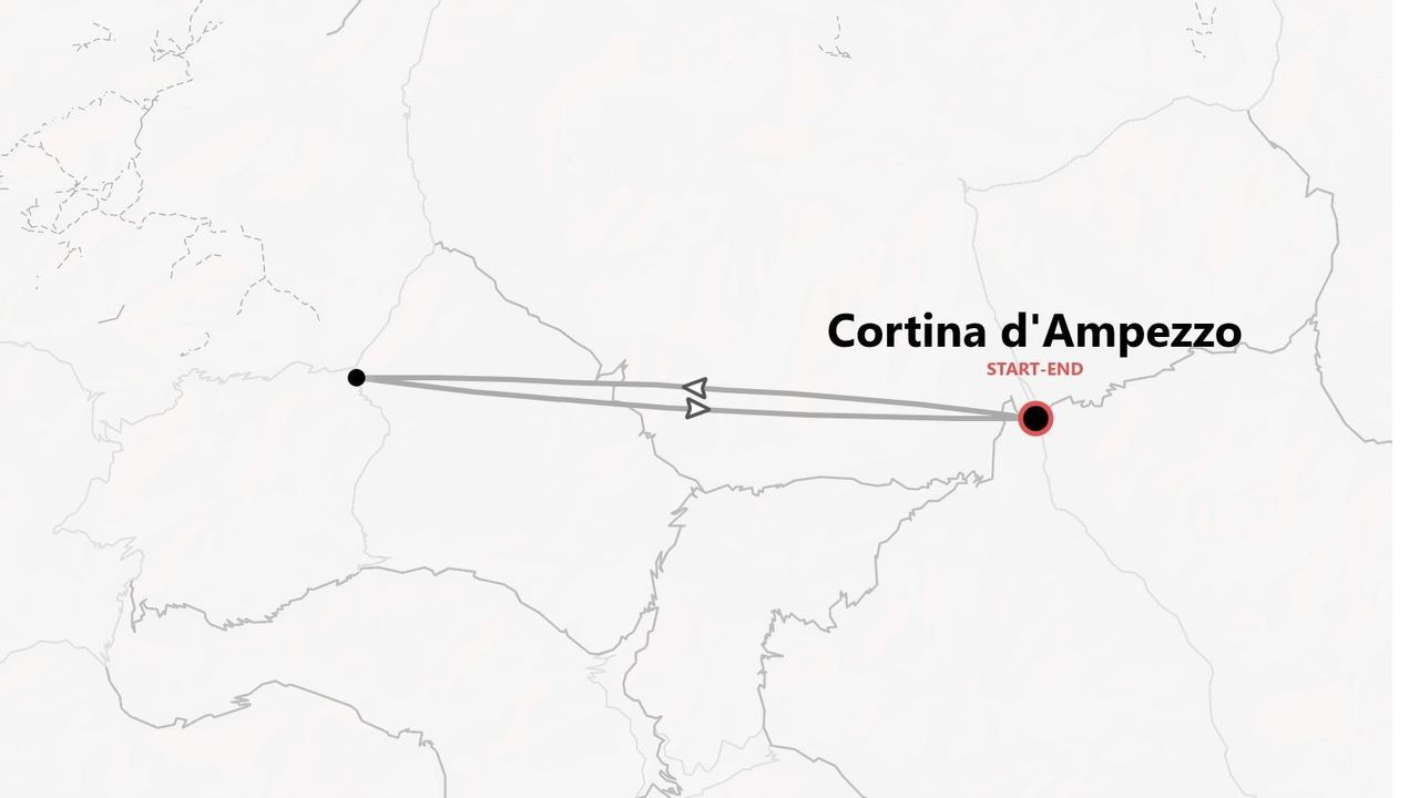 Mappa di un itinerario ad anello con Cortina d'Ampezzo come punto di partenza e arrivo.