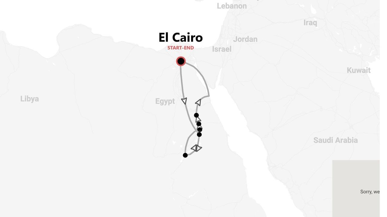 Un mapa de Egipto con un itinerario de tour que comienza y termina en El Cairo, con la ruta destacada.