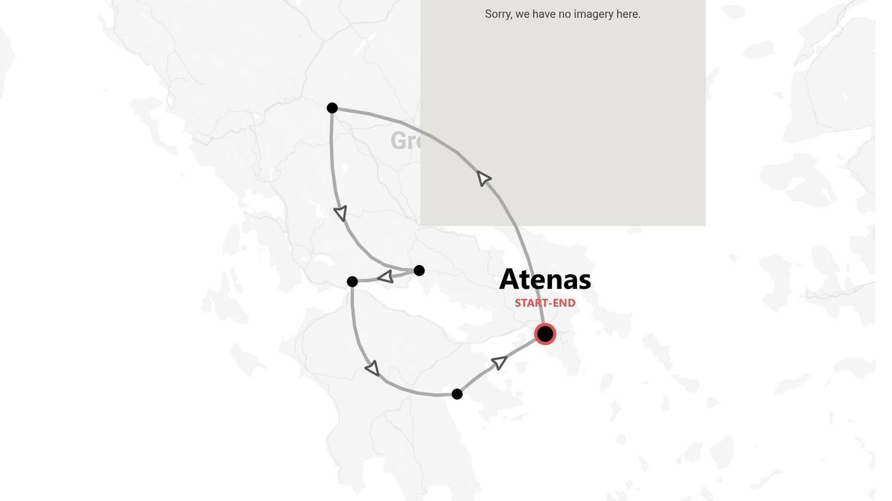 Un mapa estilizado de Grecia mostrando una ruta de viaje circular con múltiples paradas, comenzando y terminando en Atenas.