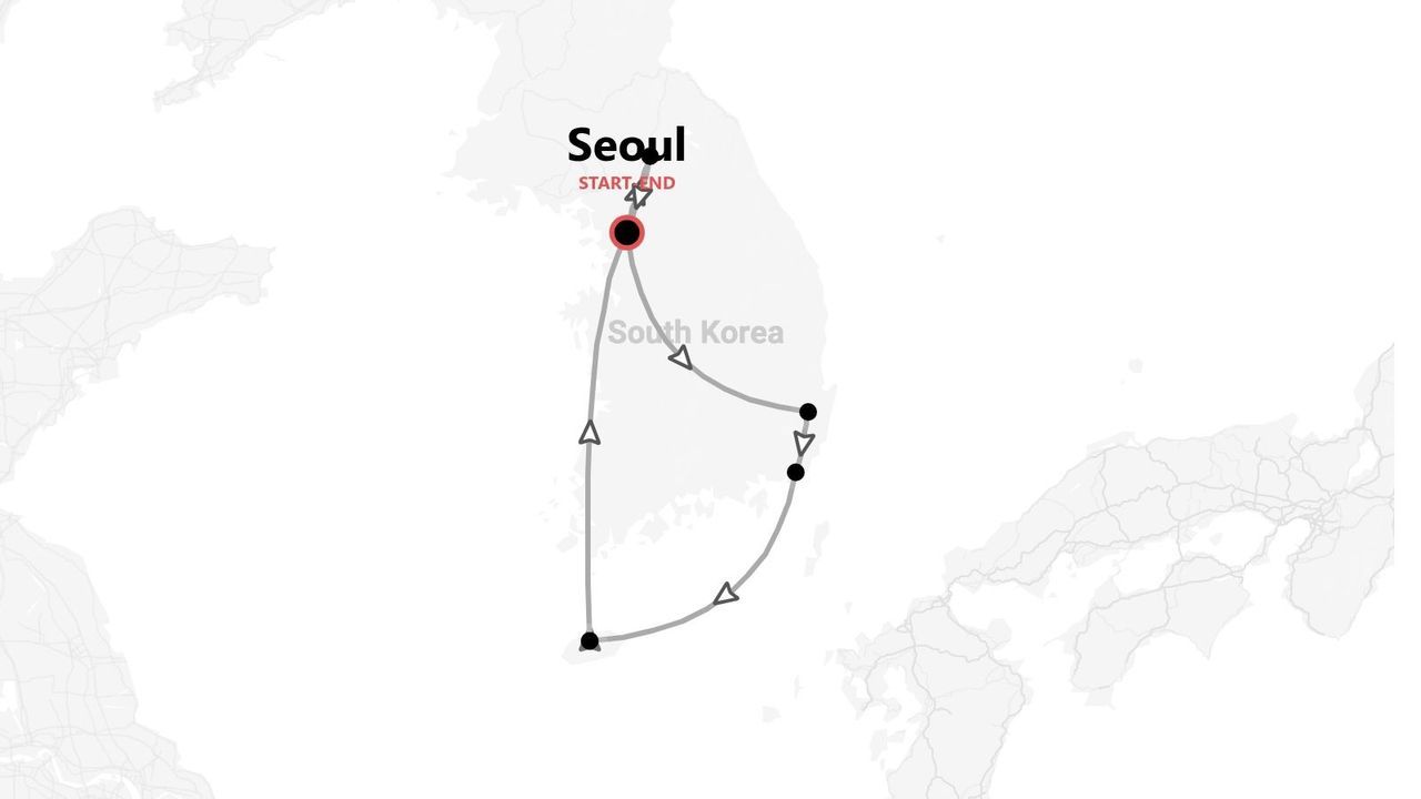 Mappa di un itinerario di viaggio in Corea del Sud, con il percorso che inizia e finisce a Seoul.