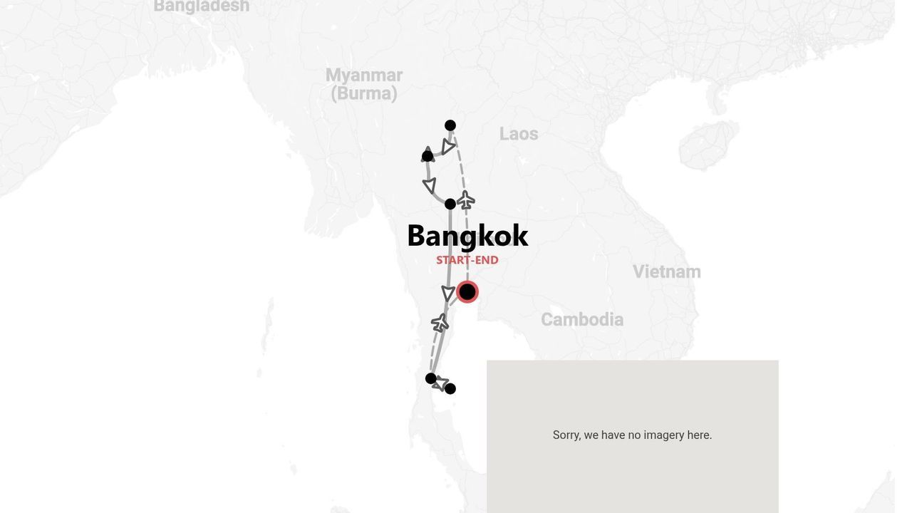 Un mapa que muestra un itinerario de viaje por Tailandia, con inicio y fin en Bangkok, incluyendo vuelos y rutas terrestres.