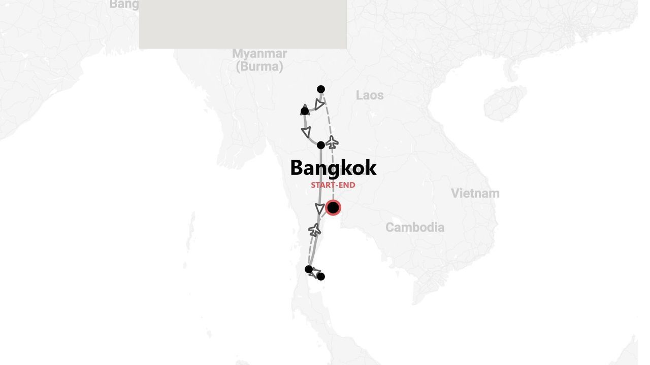 Eine Karte, die eine Reiseroute durch Thailand zeigt, mit Bangkok als Start- und Endpunkt.