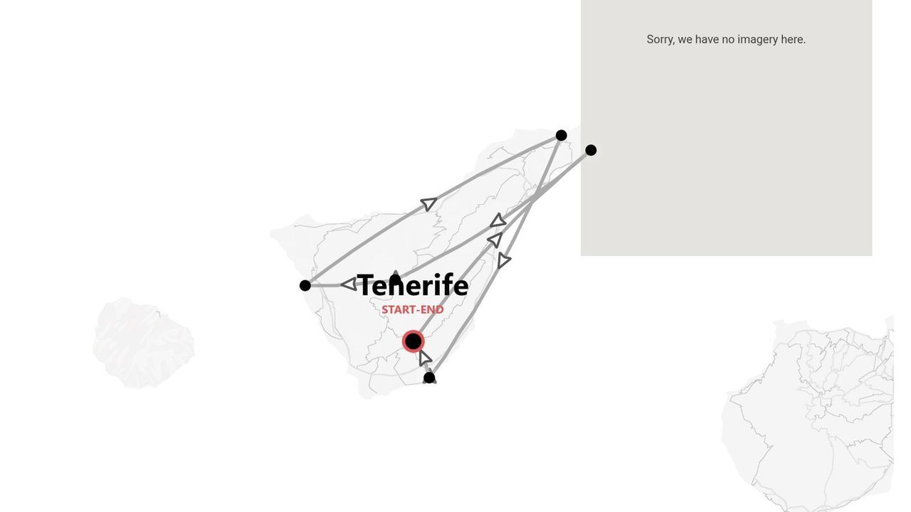 Una mappa itinerario per un viaggio intorno all'isola di Tenerife, che indica il percorso con punto di partenza e arrivo.