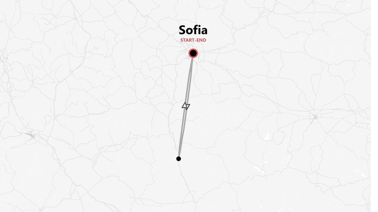 Mappa minimalista di un itinerario di viaggio con partenza e arrivo a Sofia.