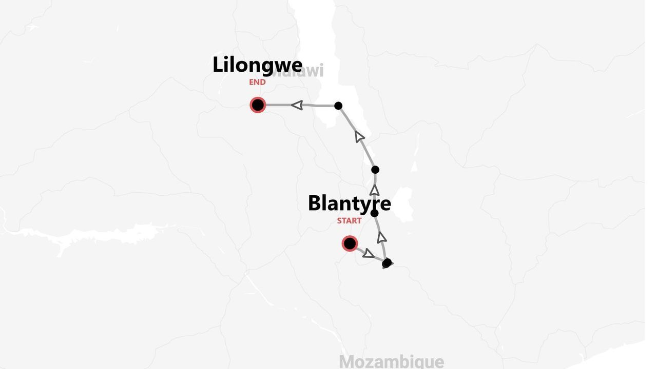 Una mappa che mostra un itinerario di viaggio in Malawi, con inizio vicino a Blantyre e termine a Lilongwe.