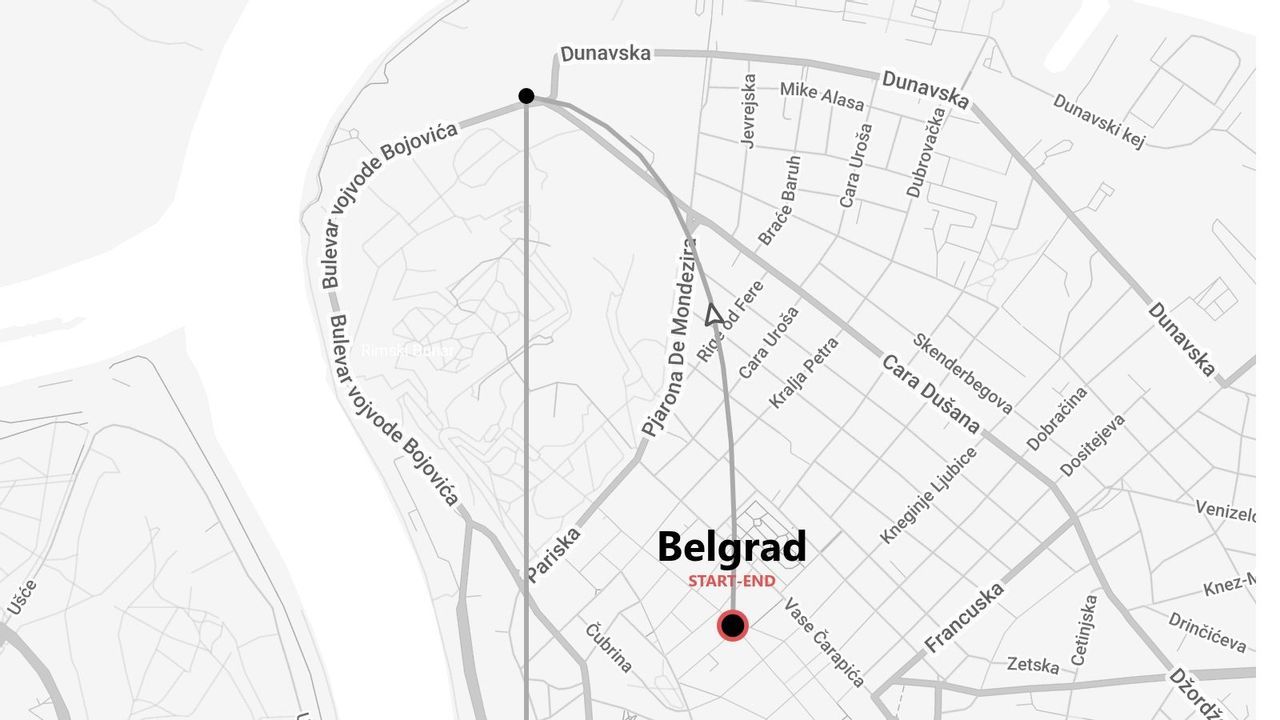 Un mapa en escala de grises que muestra una ruta por la ciudad de Belgrado, con un punto de inicio y fin marcados y varios nombres de calles.
