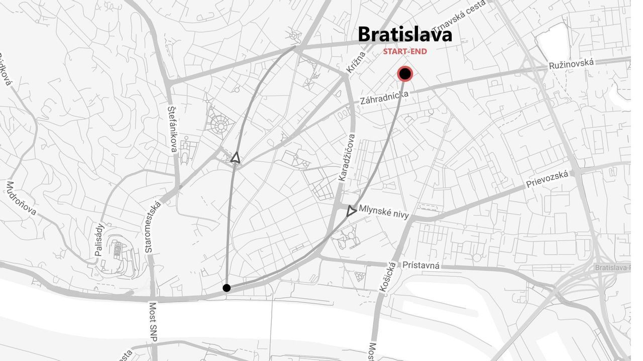 Un mapa en escala de grises de Bratislava mostrando una ruta con un punto de inicio y fin designados cerca de Trnavská cesta.