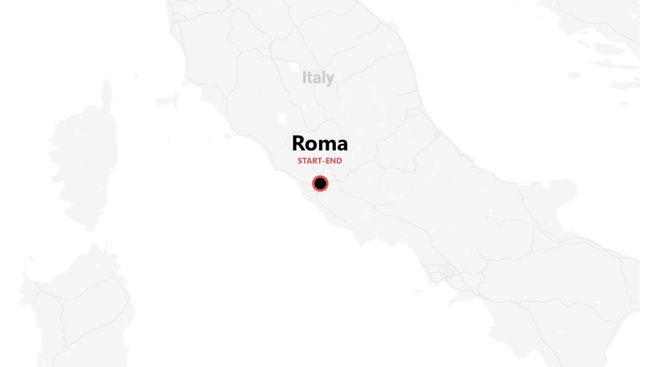 Un mapa de Italia con un marcador que señala Roma como el punto de inicio y fin de un viaje.