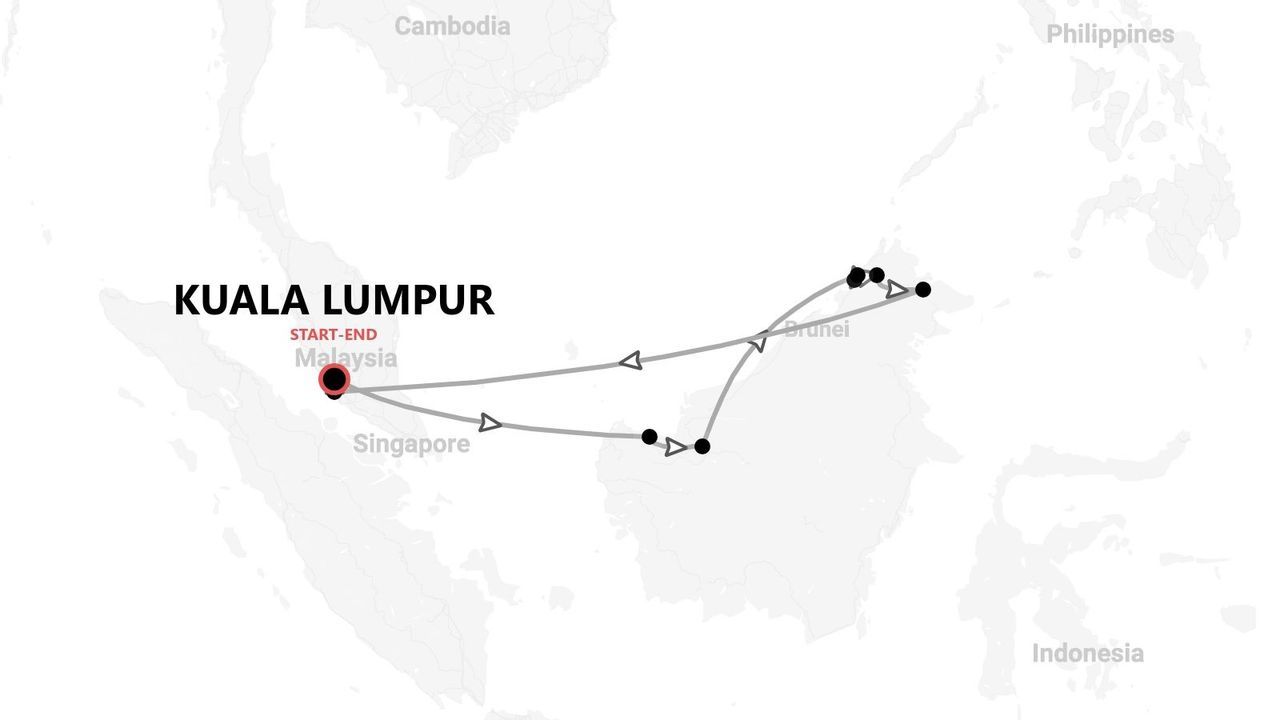 Un mapa de un itinerario de viaje por el sudeste asiático, comenzando y terminando en Kuala Lumpur, Malasia, con paradas en Singapur y Brunéi.