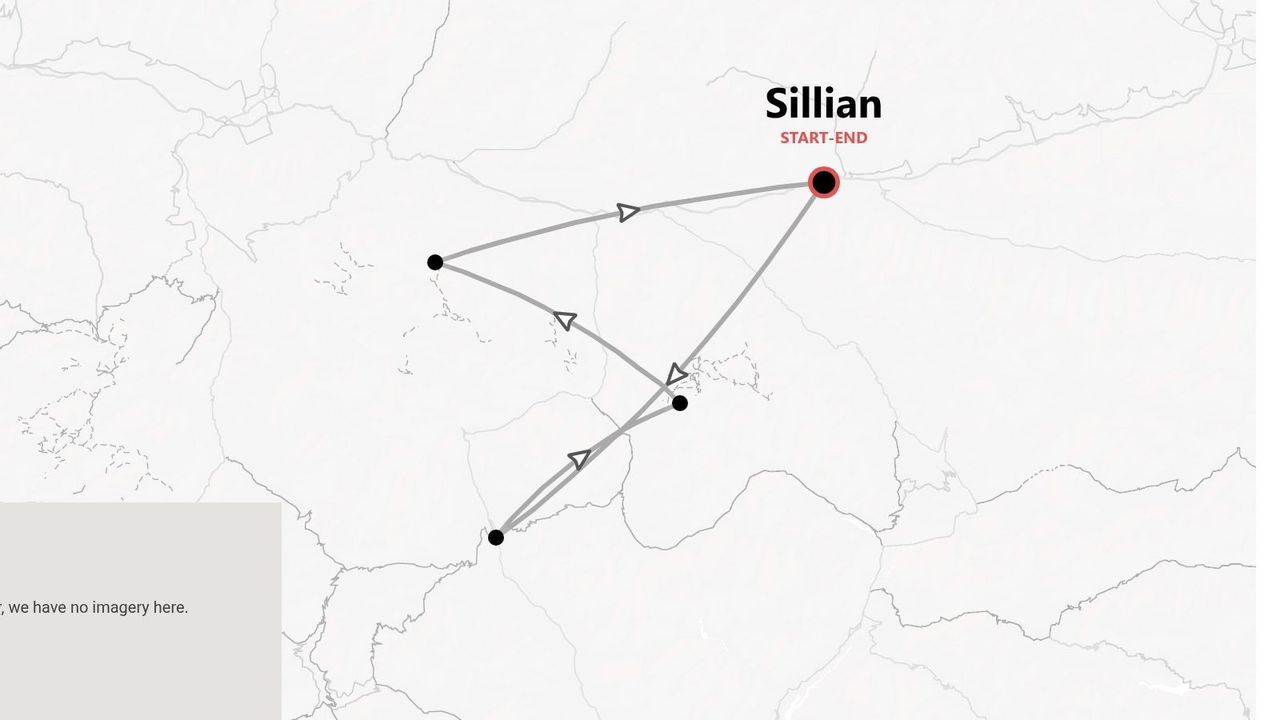Una mappa minimalista che illustra un itinerario circolare con diverse tappe, con partenza e arrivo a Sillian.
