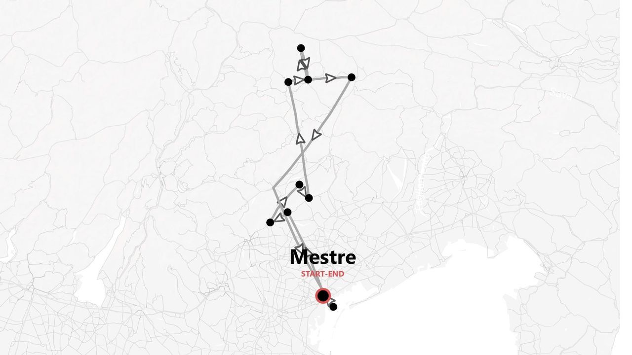 Mappa stilizzata di un itinerario di viaggio con più tappe, con partenza e arrivo a Mestre.