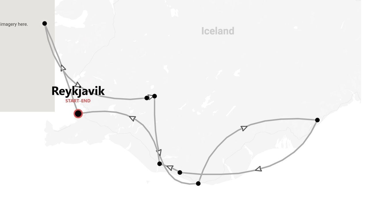 Mapa de un recorrido turístico en Islandia, con inicio y fin en Reikiavik y que bordea la costa sur.