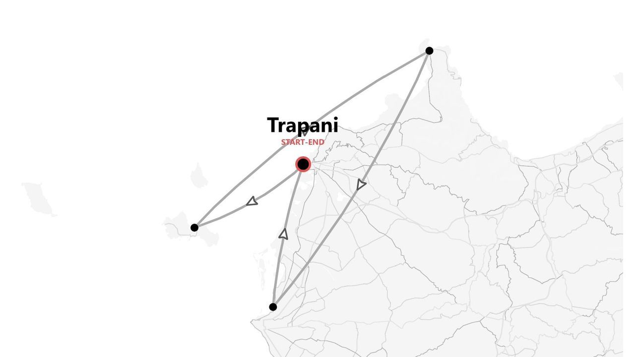 Mappa di un itinerario di viaggio a più tappe, con partenza e arrivo a Trapani.