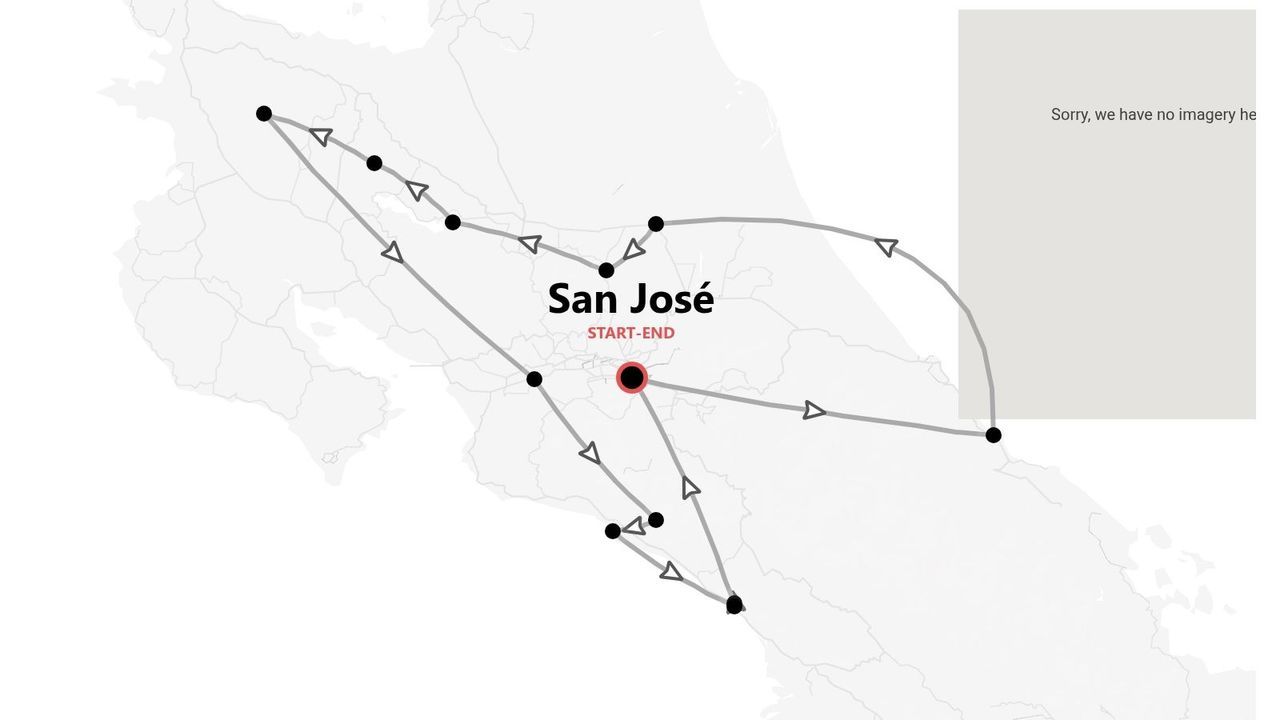 Una mappa in scala di grigi che mostra un itinerario di viaggio circolare con più tappe, che inizia e finisce a San José.