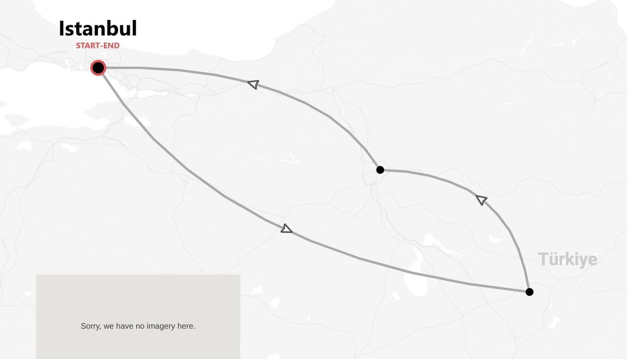 Una mappa minimalista che mostra un itinerario di viaggio in Turchia. Il percorso inizia e finisce a Istanbul, toccando diverse località del paese.