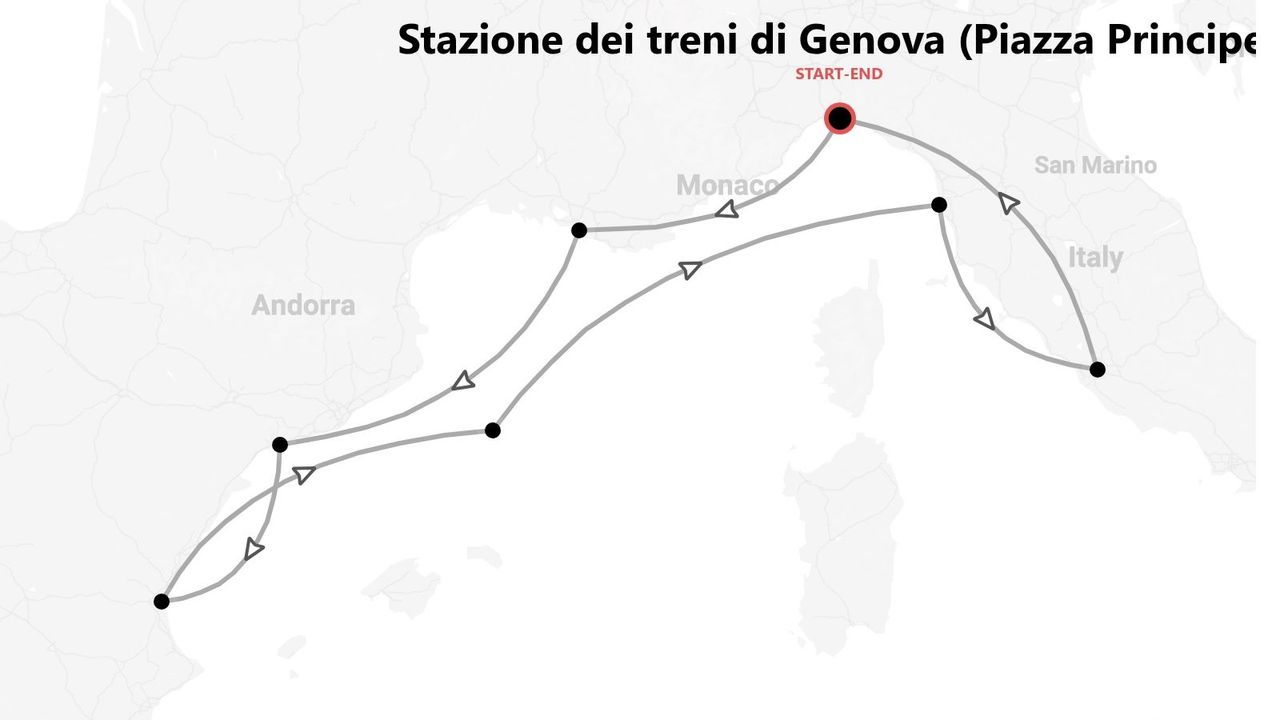 Mappa di un itinerario di andata e ritorno con partenza e arrivo alla stazione ferroviaria di Genova, Italia, che attraversa Monaco e Andorra.