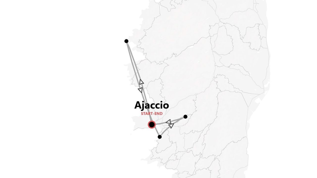 Carte d'un itinéraire de voyage avec plusieurs étapes, au départ et à l'arrivée d'Ajaccio.