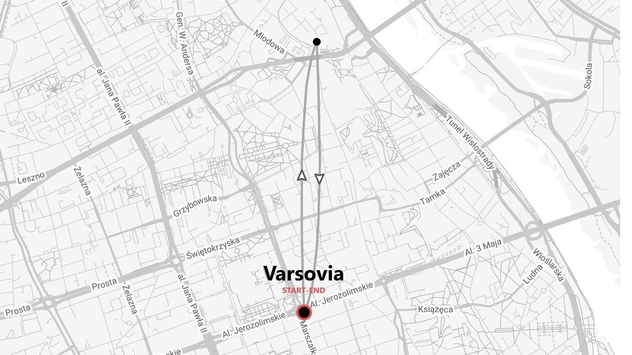Mapa gráfico de Varsovia que muestra una ruta con inicio y fin en la calle Al. Jerozolimskie.